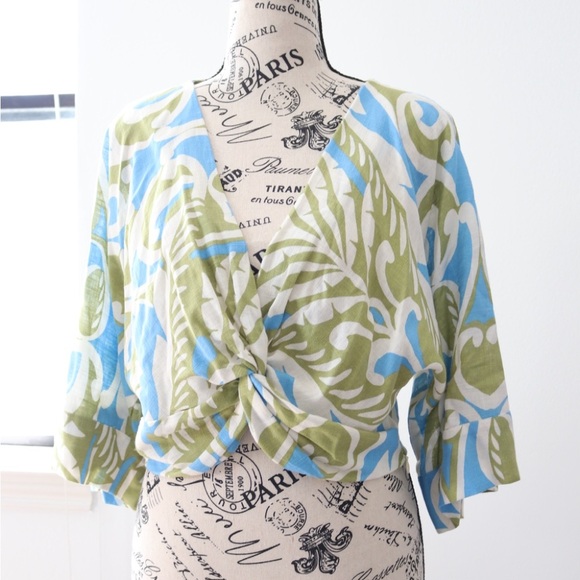 Zara printed twist front cropped blouse linen blend size Medium - Picture 3 of 6